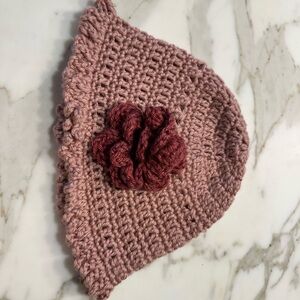 Handmade Crocheted Beanie Hat with Flower - Dusty Rose & Burgundy